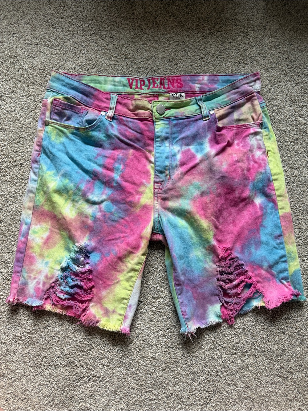 VIP Jeans Distressed Tie Dye Denim Shorts Multicolor Frayed Cutoffs Size 14